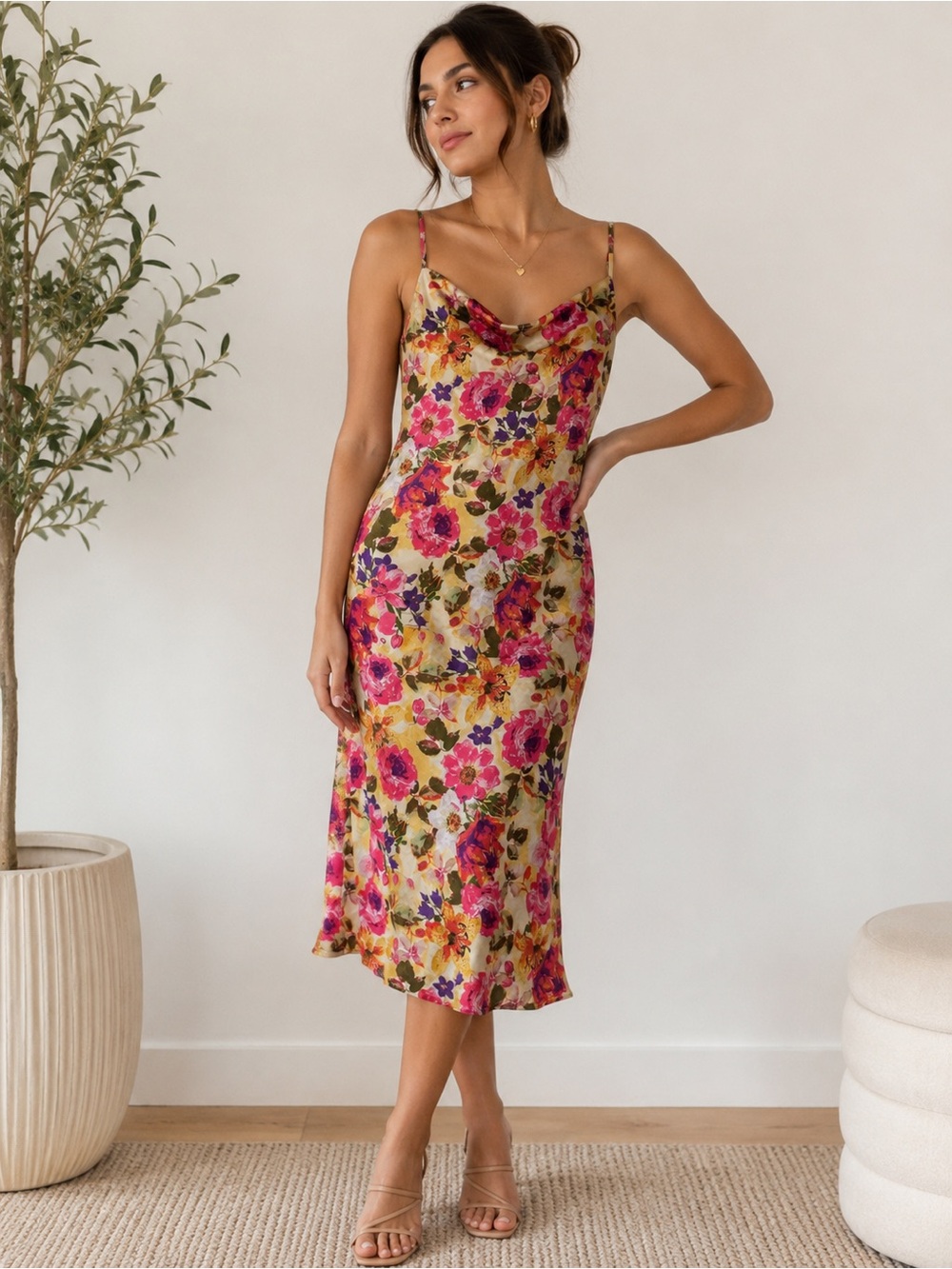 Inspired Hearts Floral Slip Midi Dress in Pink & Cream